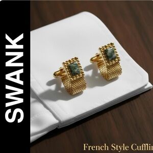 Vintage SWANK Mid-Century Gold Tone Mesh Wrap Cufflinks - Green Jade Stone